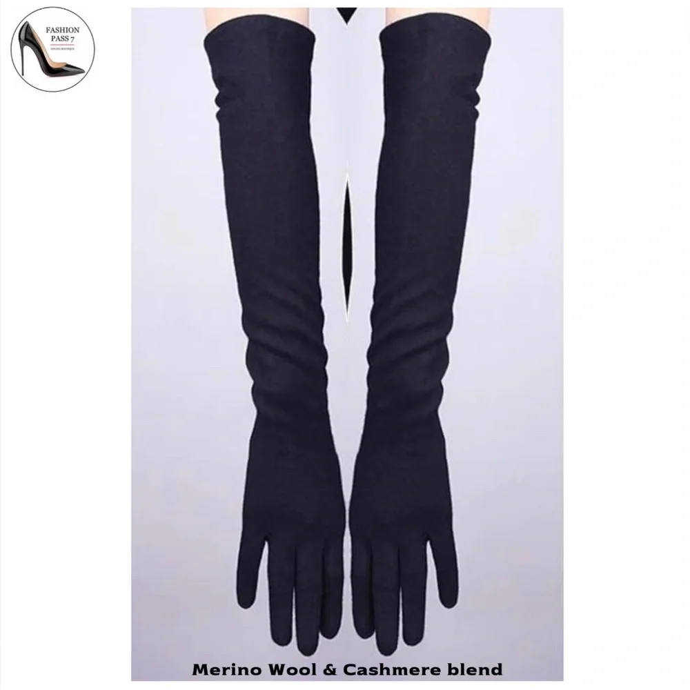 Luxury Cashmere Merino Wool Black Long Gloves High End Driving Wool Long Gloves